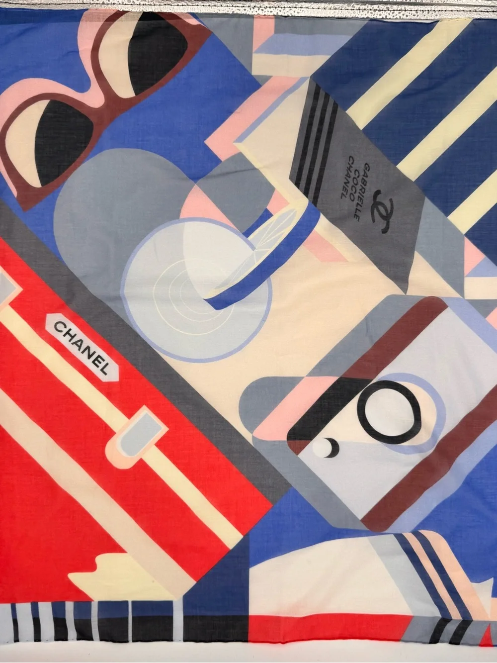 Vintage CHANEL Gabrielle Coco Chanel Silk Scarf Blue Red Graphic Print Italy